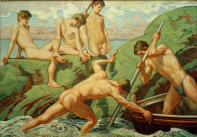 Naakte schippers (vissers) en jongens aan de groene oever door Ludwig von Hofmann