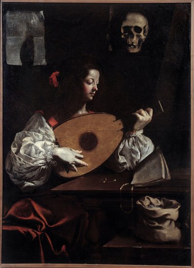 Luitspeler. Schilderij (Vanitas) door Luigi Miradori (17e eeuw) door Luigi Miradori