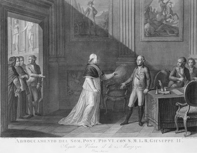 Interview tussen Paus Pius VI en Keizer Joseph II in Wenen (gravure) door Luigi Agricola