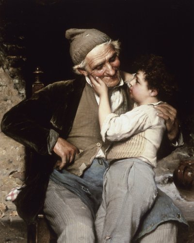 Il Nipotino Preterito (De perfecte kleinzoon). Een kind raakt het gezicht van zijn grootvader aan, die glimlacht en hem teder aankijkt. Schilderij van Luigi Bechi (1830-1919). Olieverf op doek. Privécollectie. door Luigi Bechi