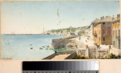 Uitzicht op de haven van Genua met de Lanterna, vuurtoren van de stad, bastions en de kerk San Teodoro door Luigi Garibbo