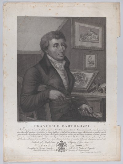 Portret van Francesco Bartolozzi, zittend, met een vergrootglas en graveergereedschap, 1827 door Luigi Rados
