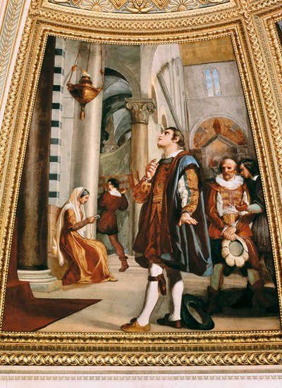 Galileo Galilei kijkt naar de kroonluchter die heen en weer zwaait in de kathedraal van Pisa 1582 door Luigi Sabatelli