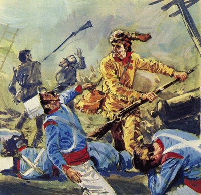Davy Crockett viel uiteindelijk ten prooi aan de onophoudelijke Mexicaanse aanvallen (kleurenlitho) door Luis Arcas Brauner
