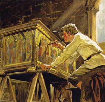 Duccio di Buoninsegna werkte in Siena aan het decoreren van dozen (kleurenlitho) door Luis Arcas Brauner