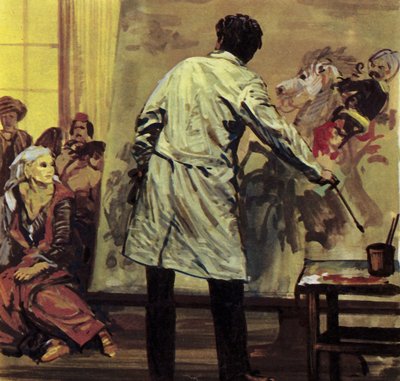 Eugene Delacroix schilderde anderhalf jaar lang "Het bloedbad van Scio" (kleurenlitho) door Luis Arcas Brauner