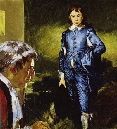 Gainsborough schildert zijn beroemde portret Blue Boy (kleurenlitho) door Luis Arcas Brauner