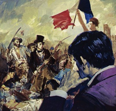 De Franse Revolutie inspireerde Eugene Delacroix tot het schilderen van de Vrijheid die het Franse volk leidt (kleurenlitho) door Luis Arcas Brauner