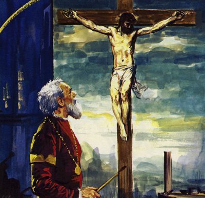 Titiaan schilderde veel schilderijen voor koning Phillip II van Spanje, waaronder zijn beroemde Kruisiging (kleurenlitho) door Luis Arcas Brauner