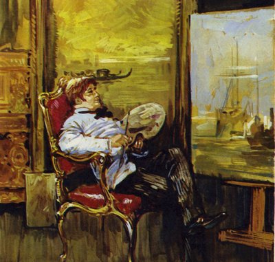 Turner zittend voor een van zijn schilderijen (kleurenlitho) door Luis Arcas Brauner