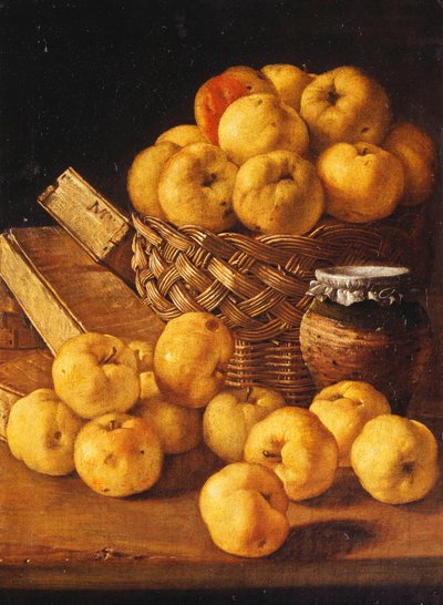 Appels in een Mand, een Pot en Kruidenbakjes op een Tafel door Luis Egidio Melendez