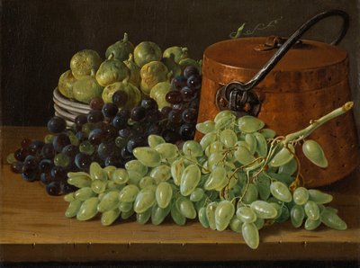 Stilleven met druiven, vijgen en een koperen ketel, ca. 1770 door Luis Egidio Melendez