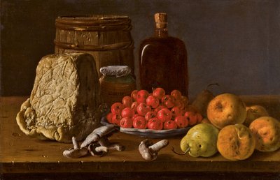 Stilleven met een bord azaroles, fruit, paddenstoelen, kaas en recipiënten door Luis Egidio Melendez