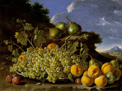 Stilleven met bord druiven, perziken, peren en pruimen in een landschap, ca. 1771 door Luis Egidio Melendez