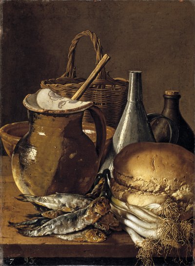 Stilleven met haringen bieslook knoflook en keukengerei door Luis Egidio Melendez