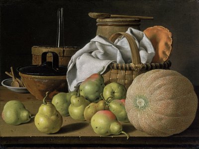 Stilleven met meloen en peren door Luis Egidio Melendez
