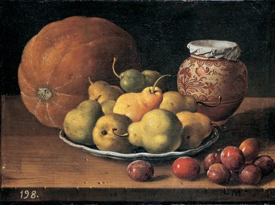 Peren op een bord, een meloen, pruimen en een versierde mansiespot op een houten richel door Luis Egidio Menendez or Melendez