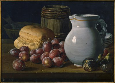 Stilleven met pruimen, vijgen, brood, vaten, kan en andere vaten door Luis Meléndez