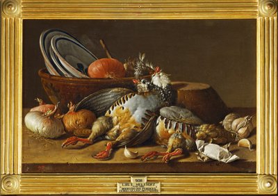 Stilleven met twee patrijzen, uien en keukengerei ... (schilderij op doek) door Luis Menendez or Melendez