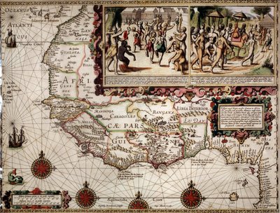 Geografische kaart van Guinee gemaakt door cartograaf Luis Teixera, circa 1586. Rechtsboven, voorstelling van een dansscène onder de inheemsen (Afrikanen). door Luis Teixeira