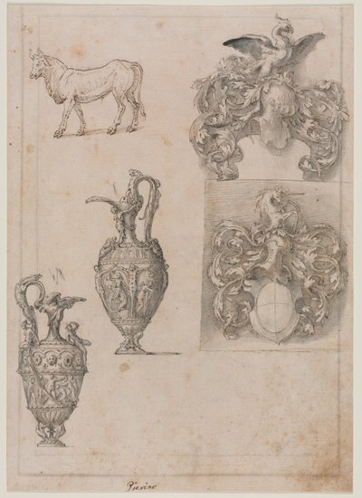 Ontwerp voor Twee Vazen, Twee Wapenschilden en een Stier recto, midden 1500s door Luzio Romano