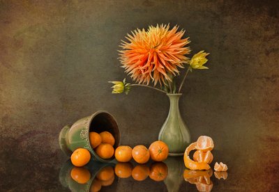 Herfstdahlia’s en mandarijnen door Lydia Jacobs