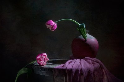 Stilleven met roze tulpen door Lydia Jacobs