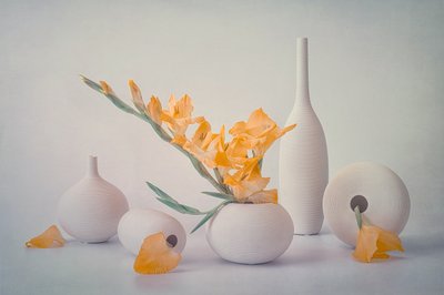 Gele bloemen in witte vazen door Lydia Jacobs
