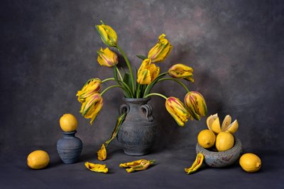 Gele tulpen en citroenen door Lydia Jacobs