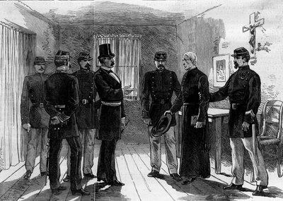 Deportatie van de Jezuïeten uit de Rue de Sèvres in Parijs na de decreten van maart 1880 uitgevaardigd door Jules Ferry en het verwijderen van het recht om les te geven aan leden van niet-erkende religieuze congregaties: een Jezuïetenpater gearresteerd in  door M. (after) Ferdinandus