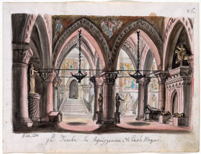 Het graf van Karel de Grote in Aken - Decorontwerp voor de opera Ernani door Giuseppe Verdi door M. Conti