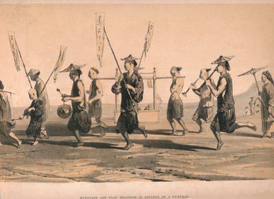 Muzikanten en vlaggendragers voorafgaand aan een begrafenis, ca. 1860 door M and N Hanhart