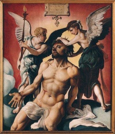 Christus gekroond met doornen tussen twee engelen door Maarten Jacobsz Heemskerck van