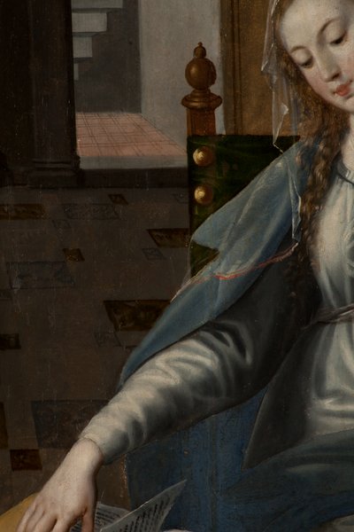 Aanbidding der Wijzen, drieluik, rechter paneel achterkant (detail) door Maarten de Vos