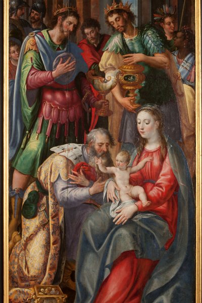 Aanbidding der Wijzen, drieluik, rechter paneel, detail door Maarten de Vos
