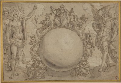 Apollo, Diana, en Tijd met de cyclische wisselvalligheden van het menselijk leven, ca. 1561 (pen en bruine inkt met grijs gewassen over sporen van grafiet, geïnciseerd voor overdracht op geschept papier) door Maarten de Vos