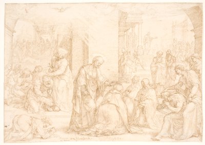 Filip, Peter en Johannes geven de gedoopte mannen en vrouwen in Samaria de Heilige Geest door handoplegging door Maarten van Heemskerck