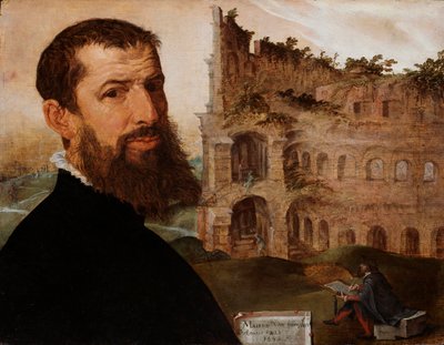 Duits: Selbstporträt mit dem Kolosseum Zelfportret met het Colosseum door Maarten van Heemskerck