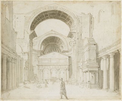Binnenaanzicht van het schip van Alt-St. Peter met uitzicht op het nieuwe gebouw door Maarten van Heemskerck
