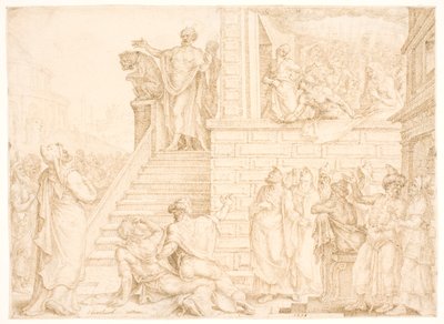 Petrus predikt in Jeruzalem door Maarten van Heemskerck