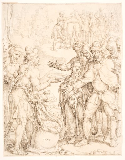 Het vinden van de beker van de farao in de zak van Benjamin door Maarten van Heemskerck