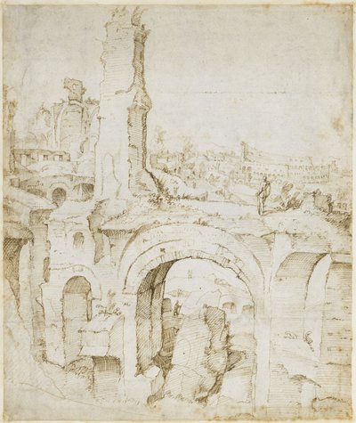 Uitzicht van Domus Severiana naar het Colosseum door Maarten van Heemskerck