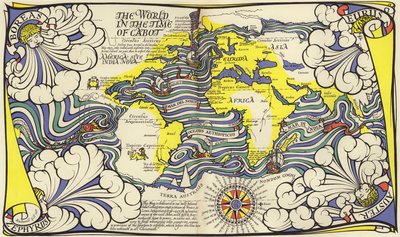 Kaart van de wereld in de tijd van de navigators John en Sebastian Cabot door MacDonald Gill