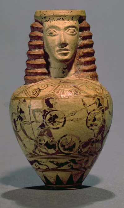 Proto-Corinthische aryballos met een menselijk hoofd, versierd met een gevechtsscène, ca. 640 v.Chr. door Macmillan Painter