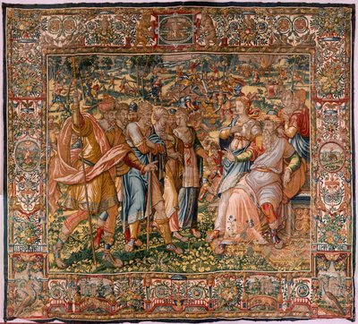 Diocesaan museum (Museo Diocesano). Vlaams wandtapijt. Brussel. Atelier François Geubels. Serie Verhaal van Gideon. Joash wordt geïnformeerd dat Gideon het altaar van Baäl heeft vernietigd. Zijde en wol. door Maerten van Heemskerck