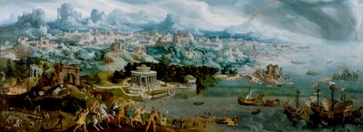 Panorama met de ontvoering van Helena te midden van de wereldwonderen uit de oudheid door Maerten van Heemskerck