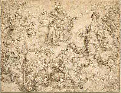 Satan daagt God uit om Job zijn bescherming te ontnemen door Maerten van Heemskerck