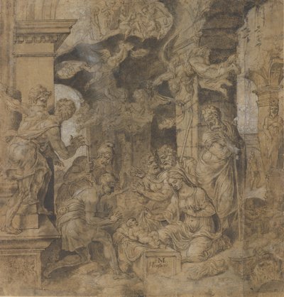 De aanbidding van de herders (verso: schetsen) door Maerten van Heemskerck