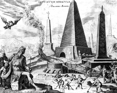 De piramides van Egypte, plaat 1 uit De Acht Wereldwonderen, gegraveerd door Philips Galle door Maerten van Heemskerck