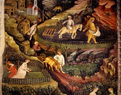 Werk op het veld, detail uit Maand Oktober, Cyclus van Maanden door Maestro (attr. to) Venceslao